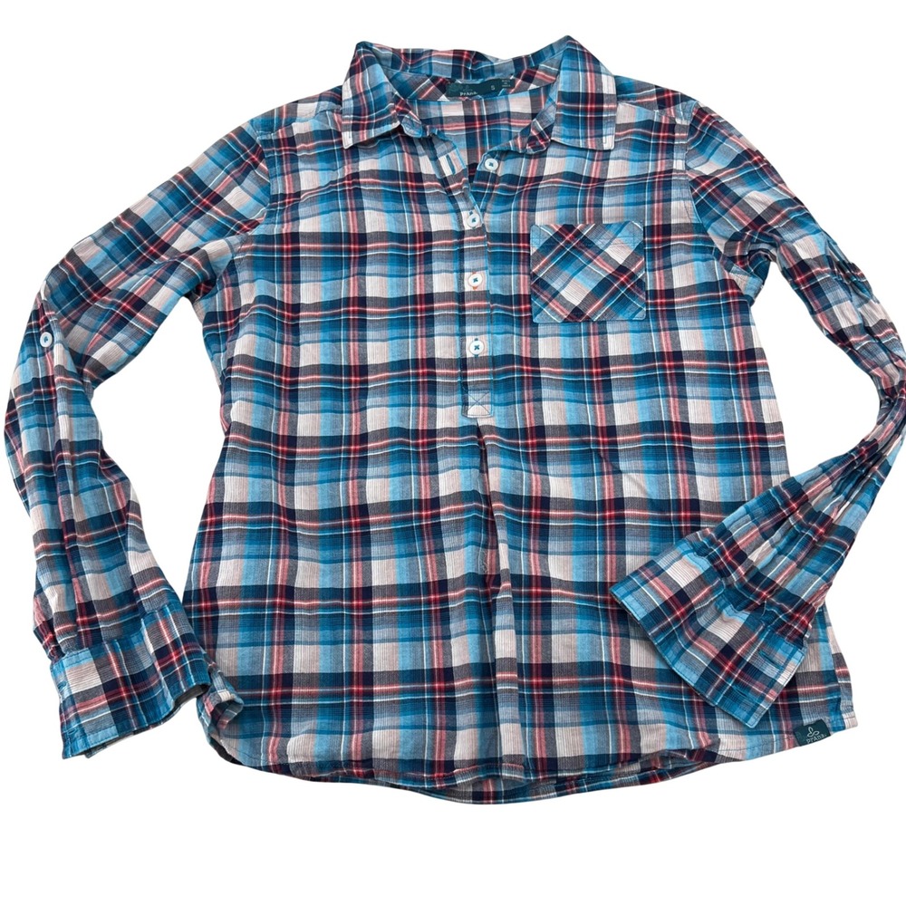 Prana Women's Plaid Long Sleeve Button Up Shirt Teal Red Blue Size Small